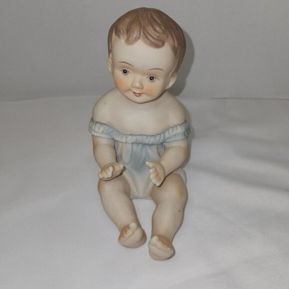 Vintage Andrea By Sadek Piano Baby Bisque Porcelain Boy Sitting 7" H x 5" L - Picture 1 of 10